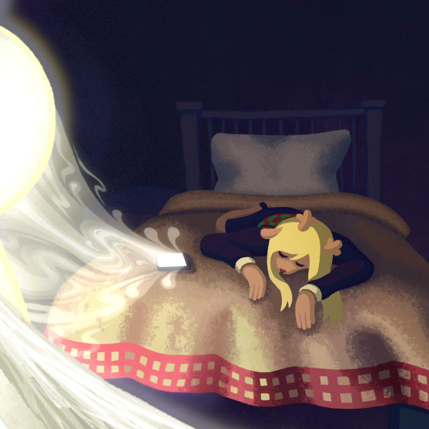 A strange, nondescript angelic figure standing at the foot of the bed Noelle is sleeping on, its light intermingling with the light of her still-on phone